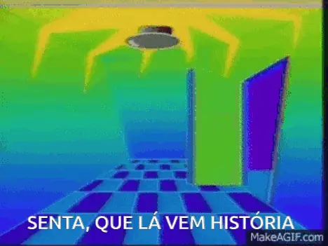brazilian meme "senta, que lá vem história" (sit down, here comes a story) over an animated psychedelic green and blue background in a 90s video-game style